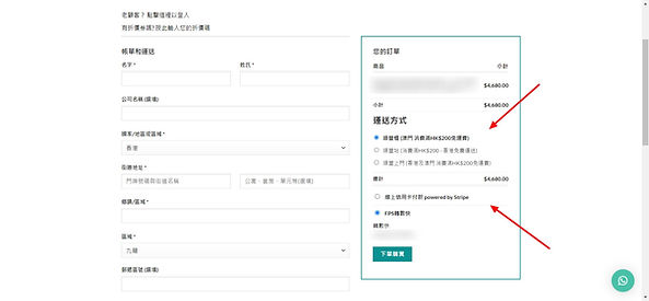 網店結帳頁面-付款和配送選項